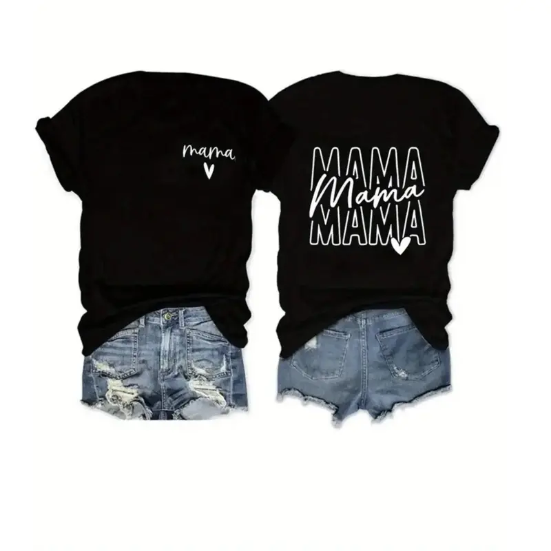 Ladies' Fashion "Mama" T-Shirt Perfect Mother's Day Gift & Casual Wear Double-Sided Printed Round Neck Short Sleeves Slim Versatile High-Quality Leisure Sports Fashionable Single Piece Unisex Womenswear