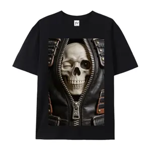 2026 100% Cotton Heavyweight Skull T-Shirt | Real Leather Texture Zipper Graphic Tee | Punk Biker Streetwear | Unisex Summer Top | Size XS-5XL
