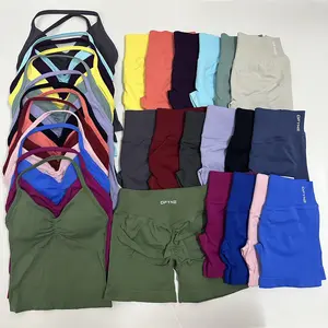 Women's DFYNE 2-Piece Impact Seamless Sports Clothing Set - High-Waisted Scrunch Shorts, Padded Halter Sports Bra for Workout, Gym