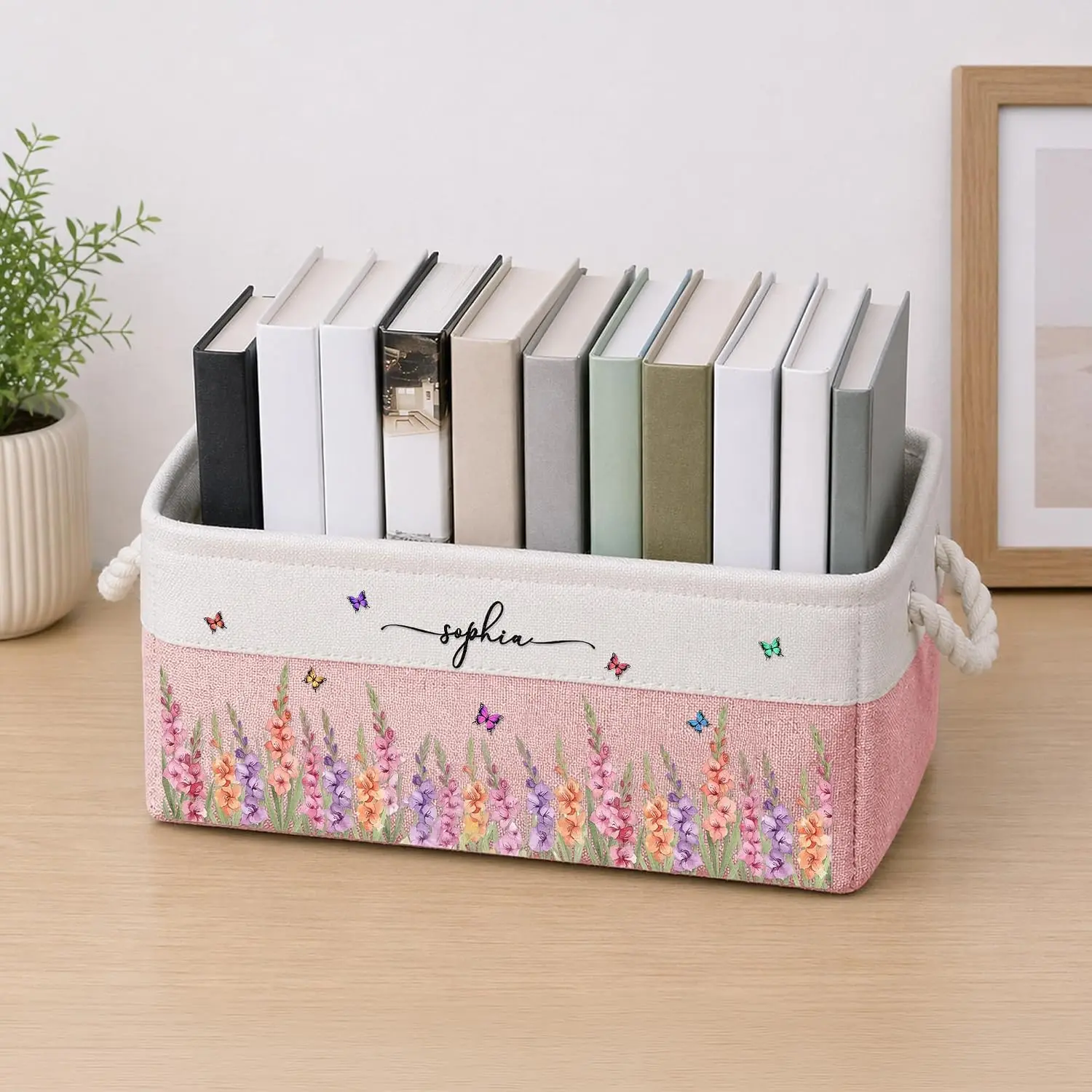 Flower Storage Basket, Custom Name Book Basket Organizer Bin Gift for Women, Girls & Book Lovers
