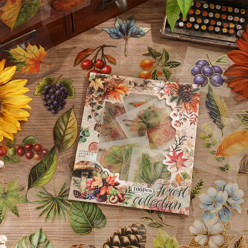 100 sheets Vintage Leaf Plant PET Scrapbooking Sticker Pack Waterproof 100 Different Patterns Decorative Material Aesthetic Stickers For DIY Craft Cups Planner Notebook Journaling Supplies