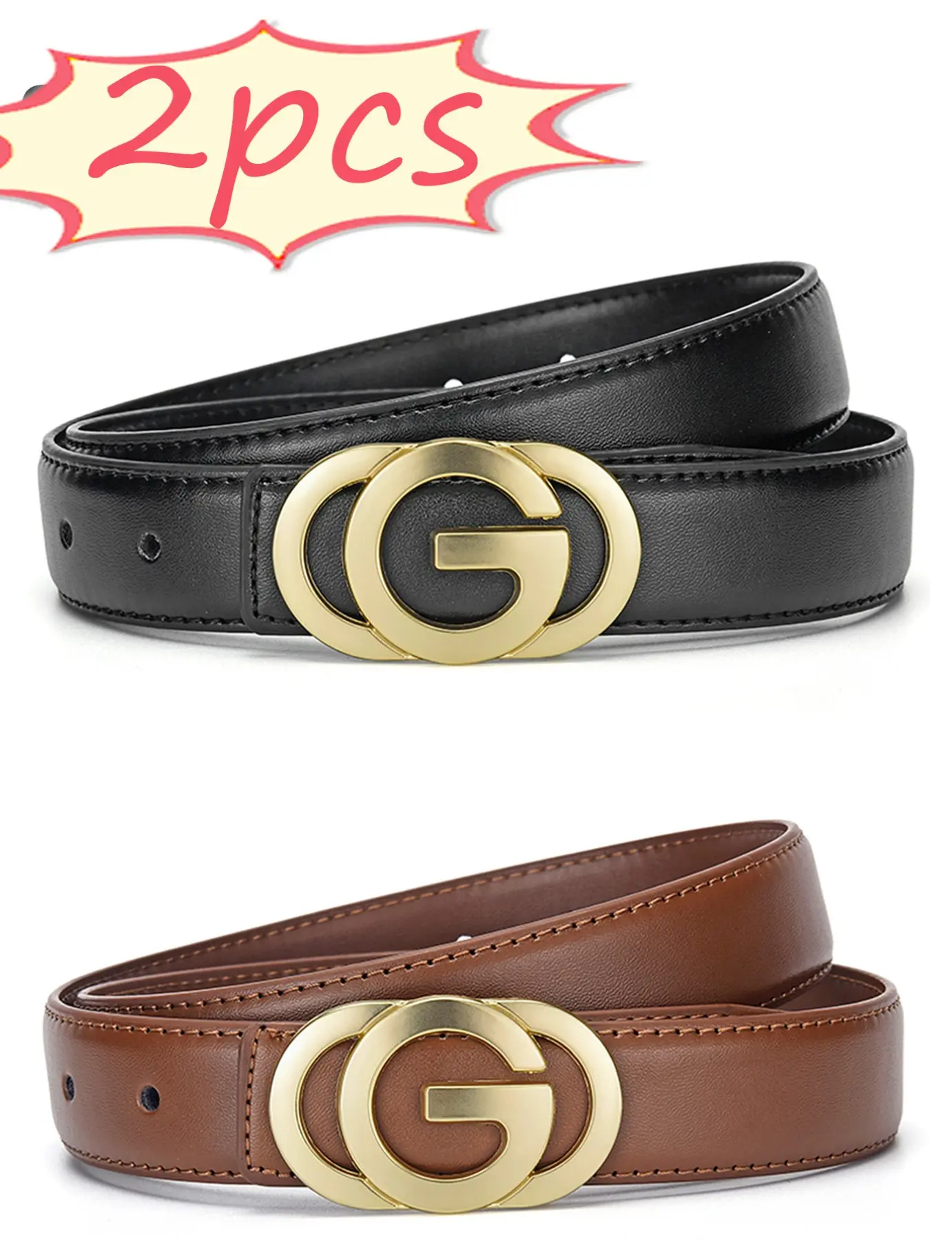 2pcs Fashion Women's Belts, Belt Combo, Casual Business Belt, Letter 'g' Alloy Buckle, Adjustable, Perfect for Daily Commute, Office Casual Wear, Ideal Gift