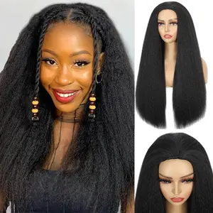 Kinkystraight Half Wig 3 in 1, 24 inch Kinky Yaki Straight Black  Look Synthetic Hair Replacement Wig Easy to Use, 1b, Glueless No Lace