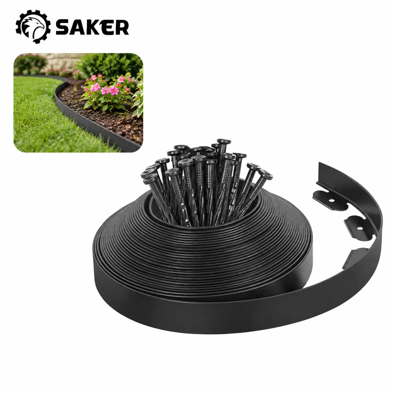 Saker 2-Inch X 40ft Landscape Edging Border with 30 Spikes, Garden Edging Lawn Border Kit, Plastic Edging Border Flexible for Garden Flower Beds Lawn Yard Pathway Paver Edging, Festival Decorations, Christmas Garden Decorations (Black)