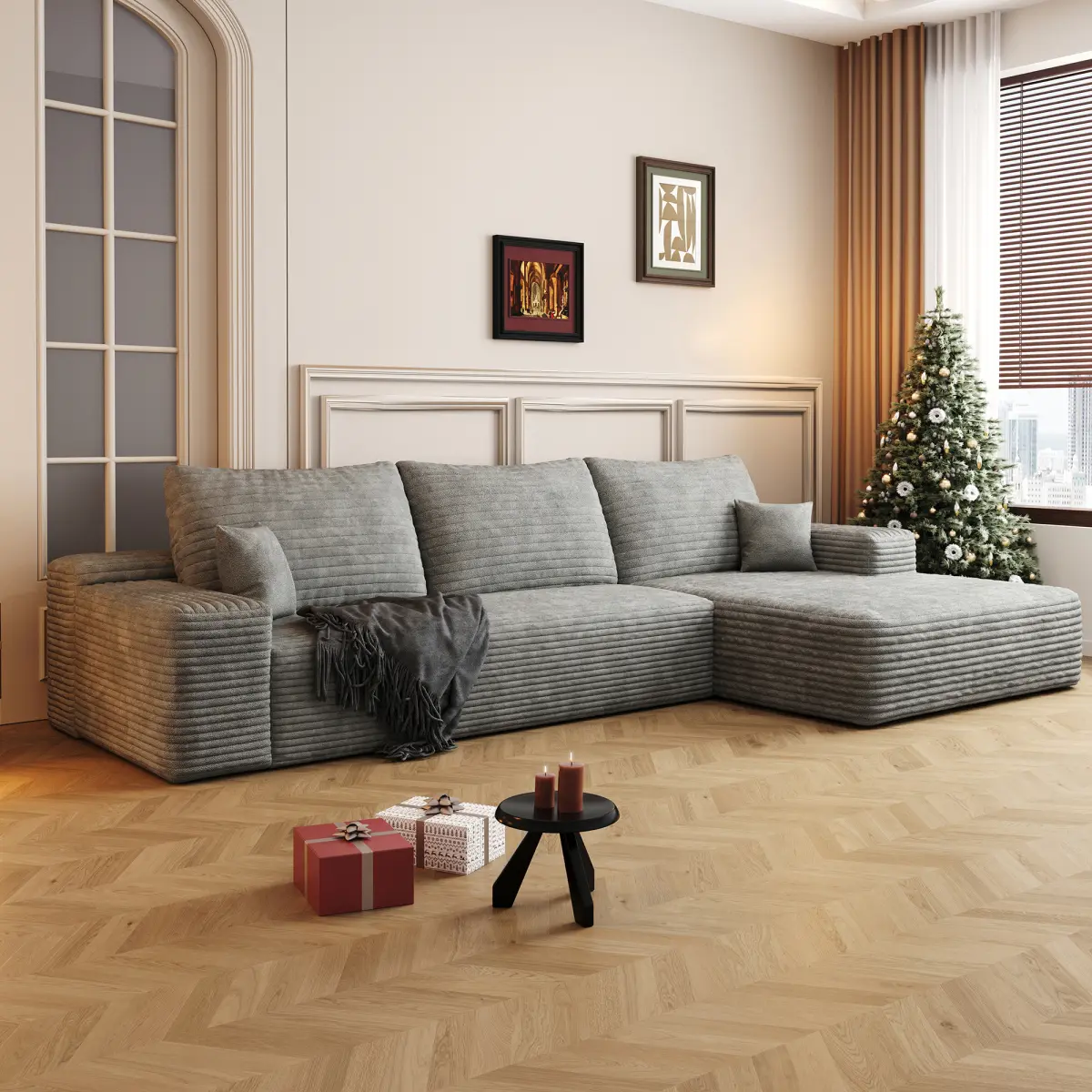 107" L-Shape Chaise Cloud Modular Sofa - Modern, Durable Fixed Arms, Plush Corduroy Deep Seat, Foam Cushion, Fully Assembled Grey Indoor Furniture (107.0x69.7x37.8in, 143.1lbs) for Living Room, Kid Room, Bedroom