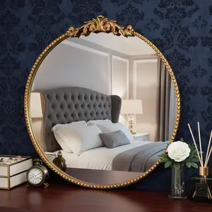 24-Inch Round Ornate Gold Wall Mirror Vintage European-Style Decorative Accent Mirror with Intricate Carvings for Elegant Room Decoration Reflection Hanging