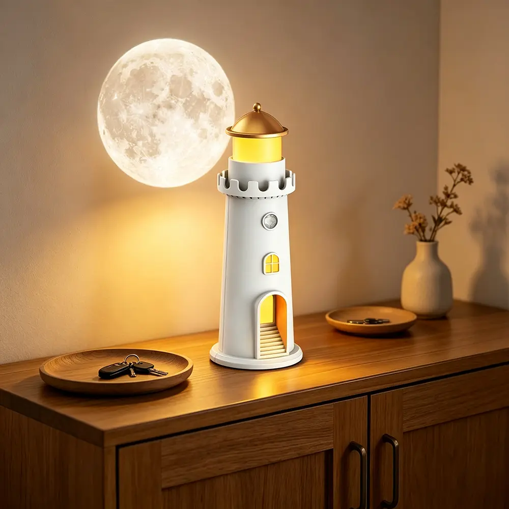 1pc Moon Lighthouse Projection Night Light, LED Galaxy Table Lamp, with A Sensitive Human Body Motion Sensor Switch And Always-on Function That Can Be Set At Will, It Can Be Used for Both USB Charging for Bedroom Bedside Lamp, Living Room, Study Room