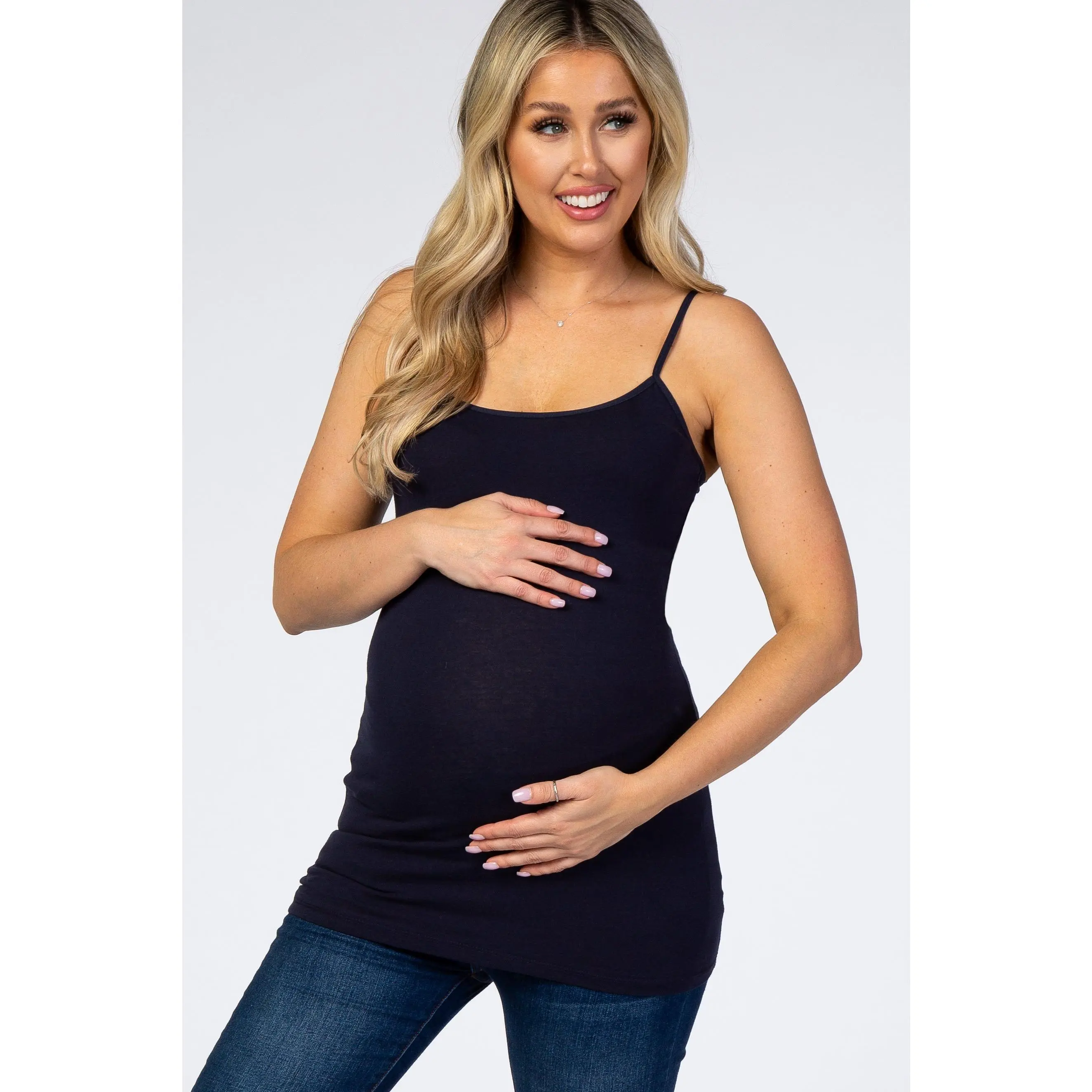 Navy Blue Maternity Cami, Solid Scoop Neck Layering Tank with Stretchy Fabric, Comfortable Bump Friendly Pregnancy Wear, Maternity Wear