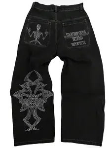 OATSBAS Y2K Beggy Jeans for Women Men Denim Pants Skull Embroidery Gothic Jeans Straight Wide Leg Trouser (X-LargeBlack-White)
