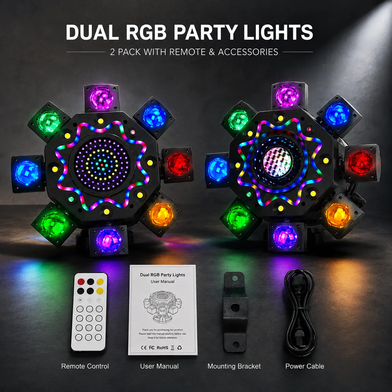 XDV 150W 8-Arm RGBW Party Light, Colorful Vajra & Abyss DJ Stage Lighting with Laser Effects, Music Sync, Strobe, Remote Control and DMX512 for Home, KTV, Bars & Events