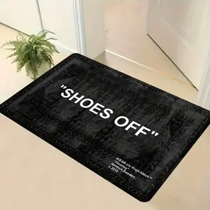 "Shoes Off" Statement Flannel Door Mat – Bold Black & White Text Design, Stylish Distressed Print, Non-Slip Indoor Welcome Mat, Indoor Floor Rug for Practical Home Decor