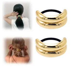 Metal Hair Tie Ponytail Hair Cuff, Fashion Ellipse Elastic Hair Band, Metal Geometric Elastic Hair Ties, Gold Ponytail Cuff, Metal Hair Ties for Women (2Pcs, Gold)