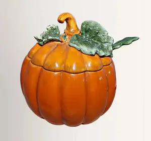 Vintage Pumpkin Tureen – 1989 OCI Ceramic Soup Bowl with Lid, Thanksgiving Fall Serveware