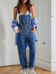 Women's Blue Denim Overalls, Womenswear, Lady, Adjustable Straps, Wide Leg Design, High Waist Jeans, Pockets, Fashionable Comfort, Daily Wear, Summer
