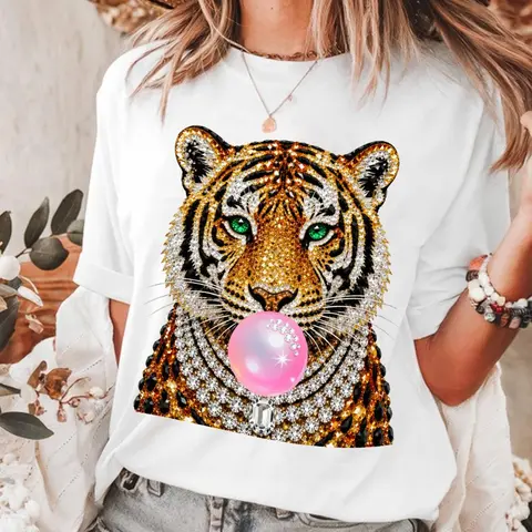 Women's Rhinestone Oversized Short-Sleeve T-Shirt Hoodie - Breathable Light Cotton Fabric, Glam Tiger Graphic, Baddie Aesthetic Casual Everyday Summer Streetwear