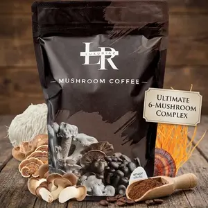 Luxuriaz Instant Mushroom Coffee (30 Servings), 180g Organic 6-Mushroom Blend including Lion’s Mane, Reishi & Cordyceps. Smooth coffee blend for daily use.