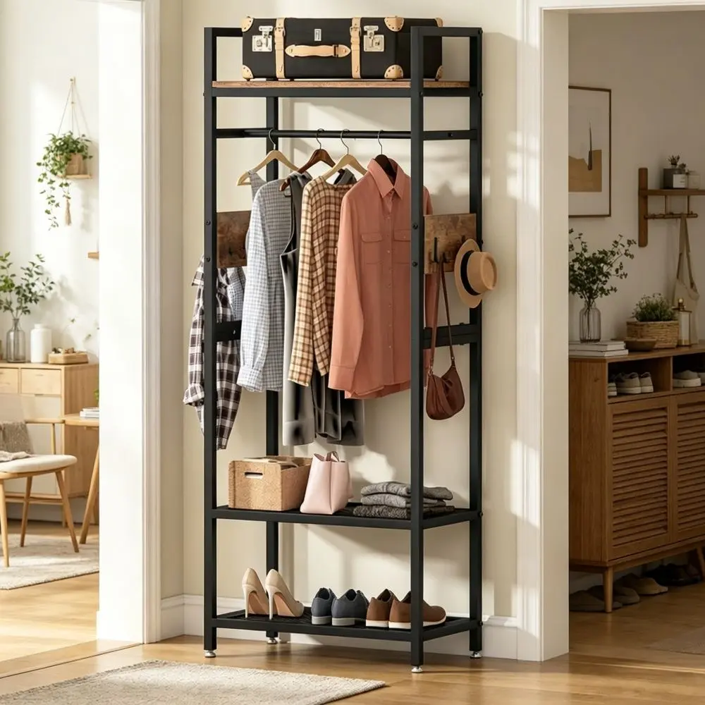 Heavy-Duty Small Freestanding Coat Rack with Metal Frame, Adjustable Height, Protector, 300-lb Capacity, Quick Setup Multifunctional Indoor Furniture for Clothes Storage, Closet Use