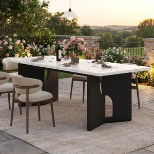 Loomie 86.6 Inch White & Black Dining Table for 6-10, Long Kitchen Tables with Imitation Marble Tabletop and Black V-Shaped Legs, Modern Rectangular Dinner Table for Dining Room Kitchen