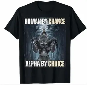 Women's 100% Cotton Round Neck Short Sleeve Soft Distressed Streetwear T-Shirt - "Human By Chance Alpha By Choice" Wolf Meme Edgy Summer Casual Tee