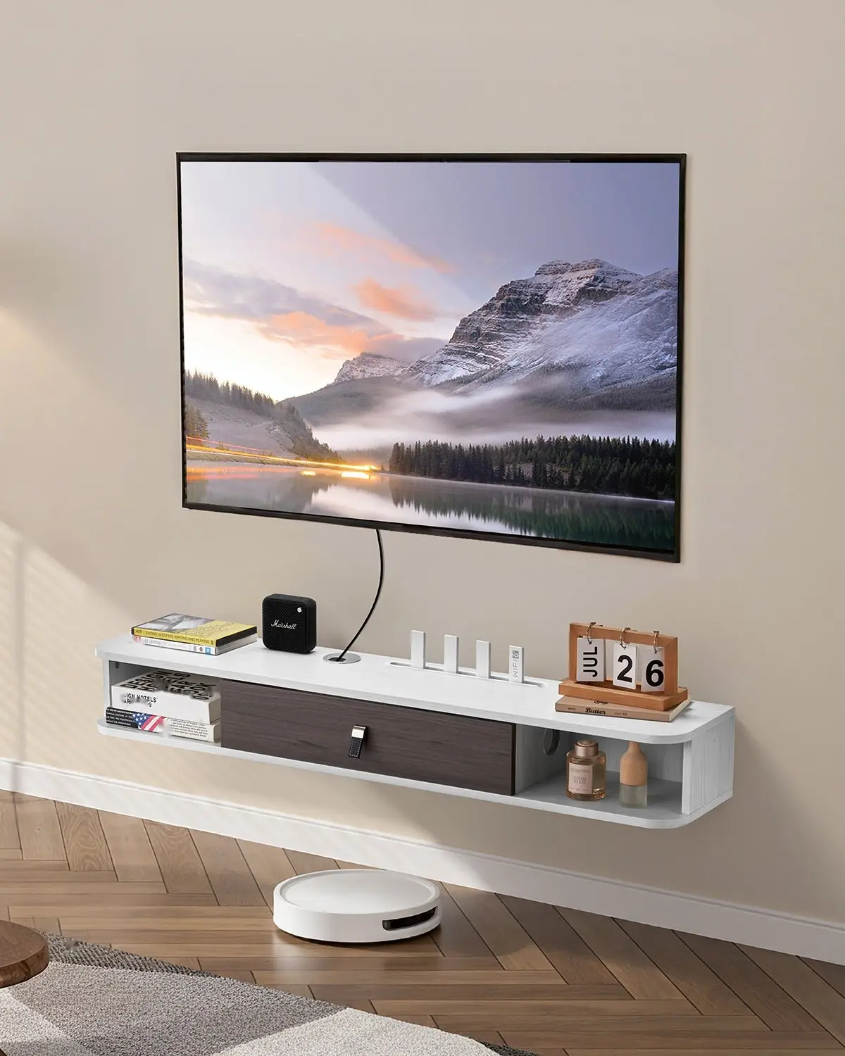 Floating TV Stand, 47-Inch Wall Mount Entertainment Center With Cable Management Hole, Modern Floating TV Shelf With Storage Cabinet, Particle Board Console For DVD Player, Cable Box, Game Console, White Finish