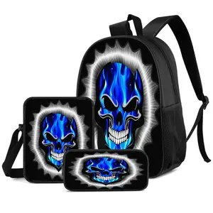Blue Flame Skull Halo Trendy Cool 3pcs Set Backpack, Large Capacity Compartment, Backpack for School, Travel, Outdoor Sports, and School Supplies Storage