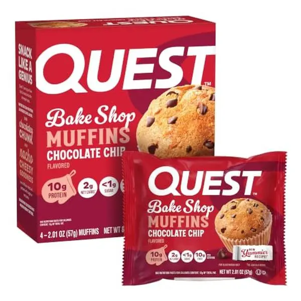 Quest Nutrition Chocolate Chip Muffin, 10g Protein, 2g Net Carb, 4 Count | Less Than 1g Sugar, 10g Fiber, Protein Snack, High Quality Protein, 4ct Box of Individually Wrapped 2.01oz Muffins