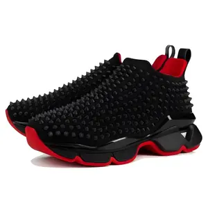 Black Studded Slip-On Sneakers with Red Leather Trim – Red Sole Designer Shoes with Wave Pattern and Red Accents