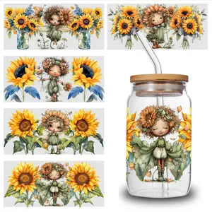 5 Sheets Sunflower Girl UV DTF Stickers UV DTF 16oz Libbey Cup Wraps - Waterproof, Scratch-Resistant DIY Decals with 3D Crystal Effect, Self-Adhesive Transfer Paper for Cup Decoration, Floral & Bird Design