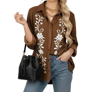 Causal Shirt Floral Corduroy Oversized Blouse Long Sleeve Loose Button Down Autumn Top