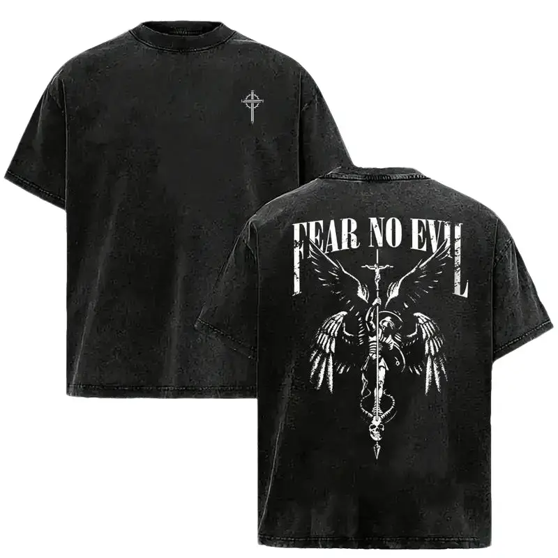 Menswear Oversized Acid Wash Cotton Short-Sleeve T-Shirt - Dark Gothic Retro Fear No Evil Archangel Michael Cross Graphic Heavyweight Loose-Fit Charcoal Black Streetwear Tee, Gift for Husband, Shortsleeve, Tshirt