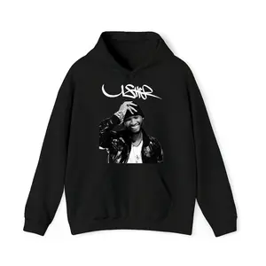 Usher Graphic Hoodie Vintage Style Sweatshirt for Music Fans Stylish Unisex Casual Shirt with Unique Design Comfortable Breathable Grey Kangaroo Pocket Menswear