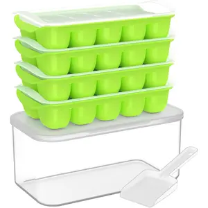 Ice Cube Tray with Lid and Bin - 4 Pack Ice Bucket Kits, Stackable Silicone Ice Trays for Freezer, Easy Pop Out, BPA Free for Cocktail, Coffee, Soup, Food, RV, Kitchen