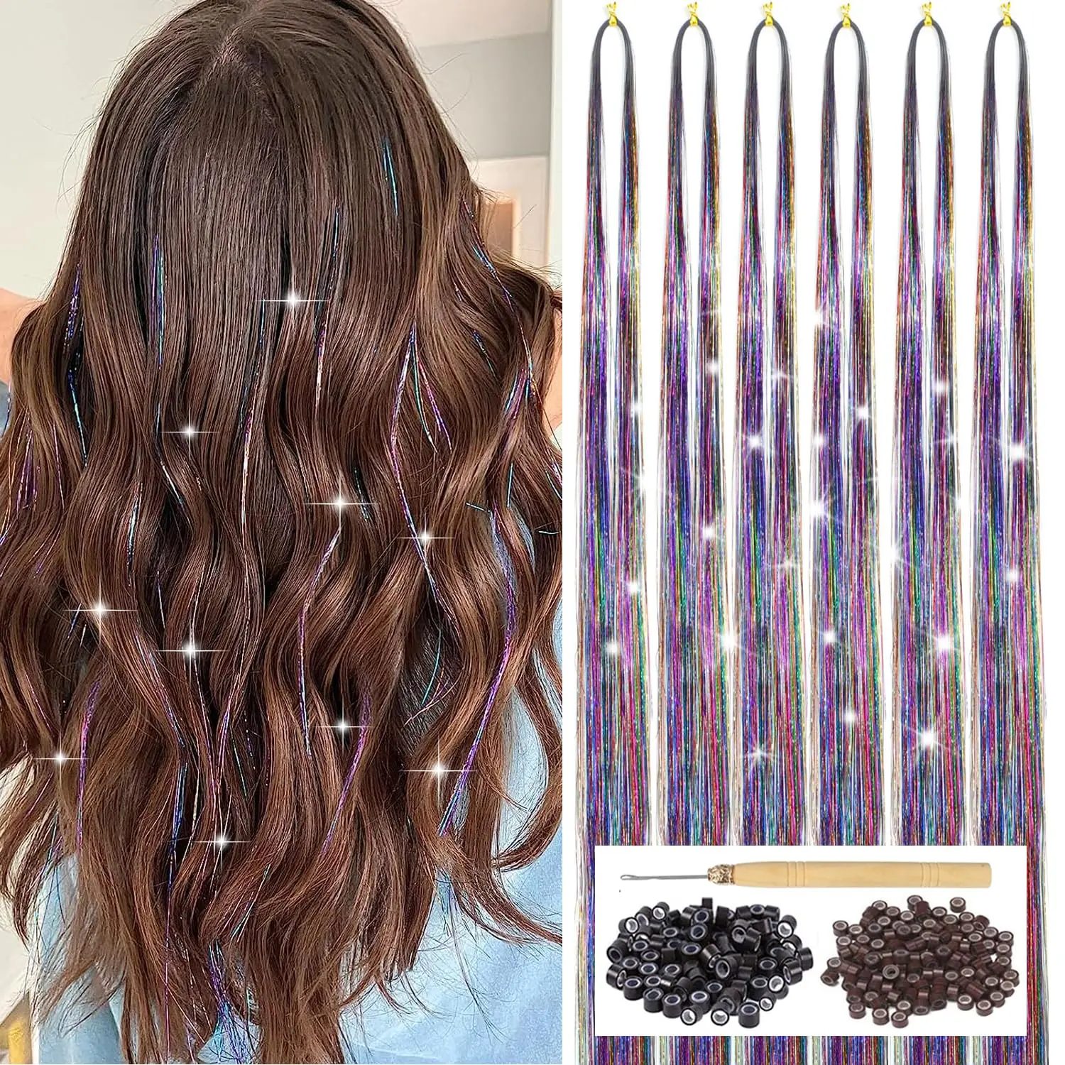 Colorful Hair Tinsel Kit with Tool 6 count 1200 Strands Glitter Tinsel Hair Extensions Heat Resistant Sparkling Shiny Fairy Hair Accessories for Women Girls  47Inch