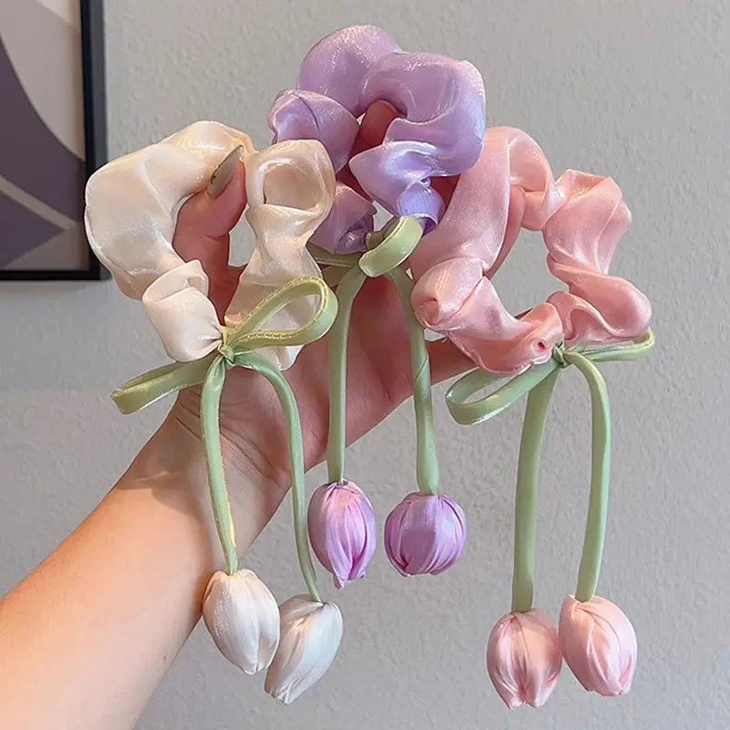 3Pcs Tulip Floral Tassel Scrunchies for Women & Girls, Shiny Organza Satin Elastic Hair Tie, Elegant Daily Commute Ponytail Holder Hair Accessories
