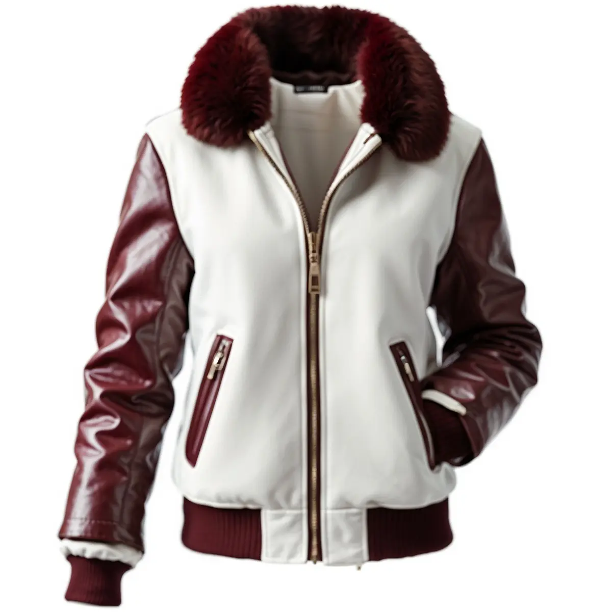 Women's Stylish Two-Tone Bomber Jacket with Fur Collar – White Body & Burgundy Leather Sleeves