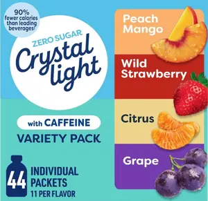 Crystal Light Energizing Drink Mix with Caffeine Variety Pack, 44 Packets for On-the-Go Hydration, Peach Mango, Wild Strawberry, Citrus, Grape, Naturally and Artificially Flavored, Zero Sugar, 4.18 oz