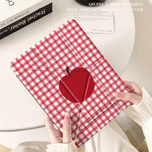 Plaid Red Apple Foldable iPad Case With Pencil Holder Slim Shockproof Hard Acrylic Back Cover Auto Sleep Wake Compatible with iPad 10/9/8/7, Air 2/3/4/5/6/7, Pro 9.7/10.5/11/12.9 Inch