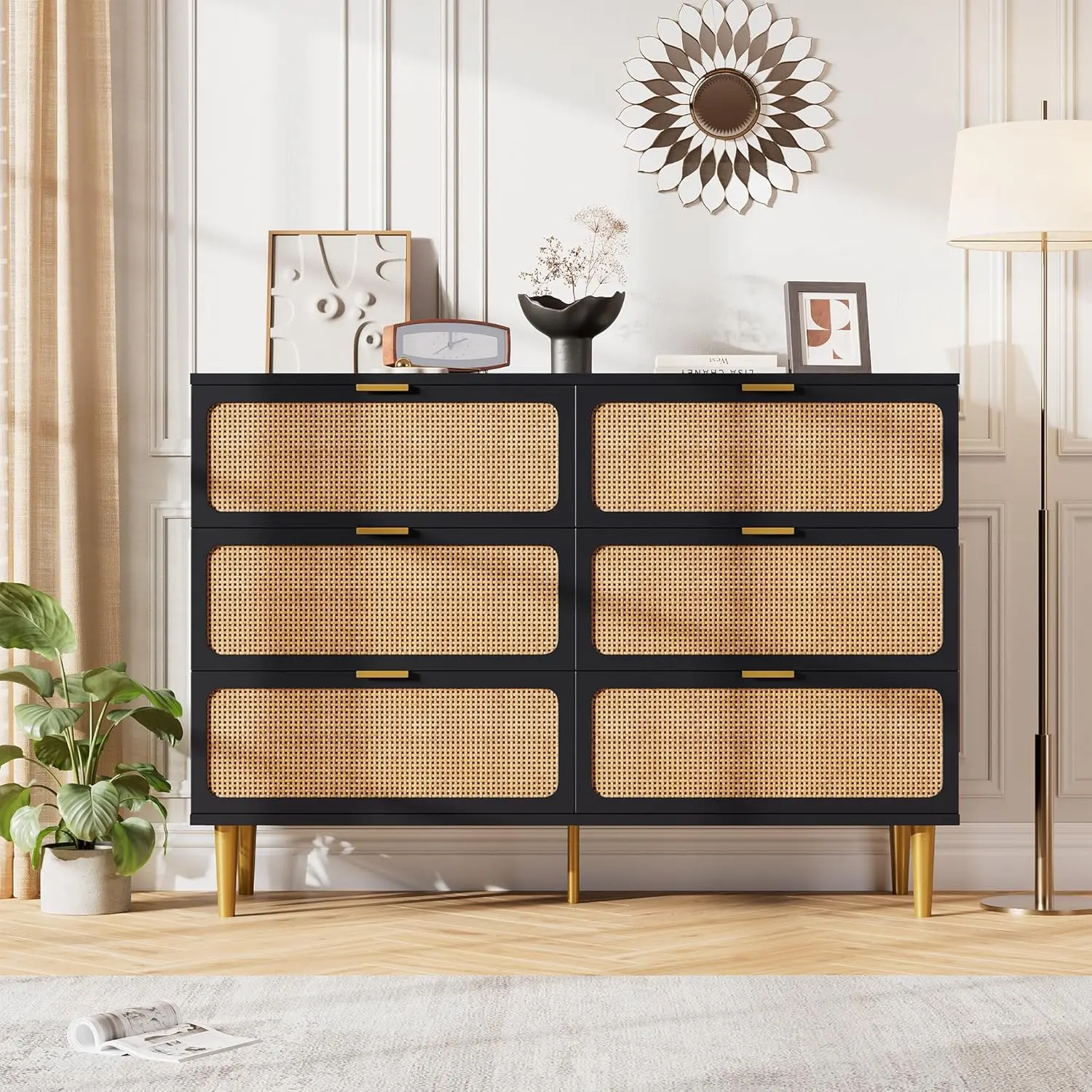 Hand Woven Rattan 6-Drawer Large Double Chest of Dresser - Natural Wood Color Sideboard Storage Cabinet, Deep Drawers, Wide Top, Simple Look, Rattan Weave, Metal Legs, Assembly Required, Detailed Manual, for Bedroom, Living Room Use, Woven Texture