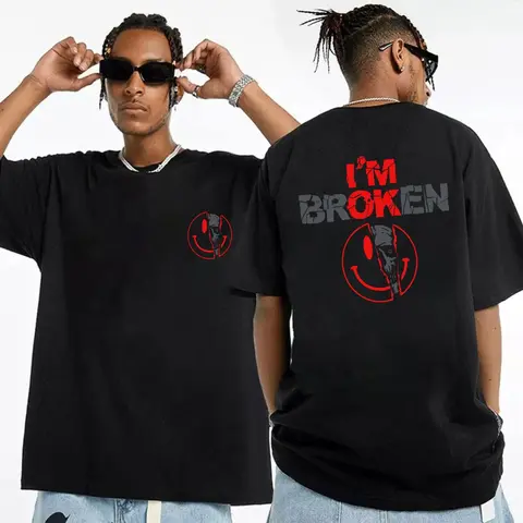 Unisex Cotton Graphic Round Neck Funny Sweatshirt - 2-Sided 'I'm Broken' Smile Face Digital Print, Loose-Fitting Long Sleeve, Menswear & Clothes for Women, All-Season Casual Streetwear, Machine Washable Sports Top