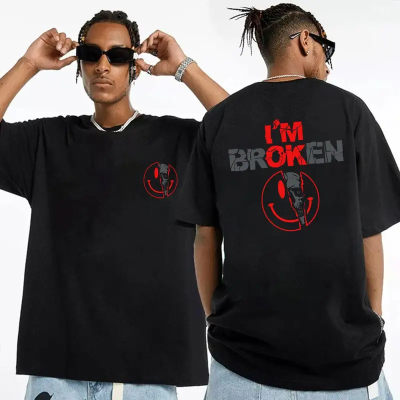 Unisex Cotton Graphic Round Neck Funny Sweatshirt - 2-Sided 'I'm Broken' Smile Face Digital Print, Loose-Fitting Long Sleeve, Menswear & Clothes for Women, All-Season Casual Streetwear, Machine Washable Sports Top