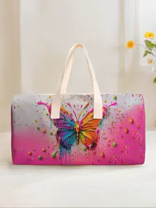 Large Capacity Corduroy Travel Bag Luggage Backpack Butterfly Pattern Printed Casual Yoga Fitness Handbag for Short Trips Weekend Outing Daily Commute Travel Duffel Bag