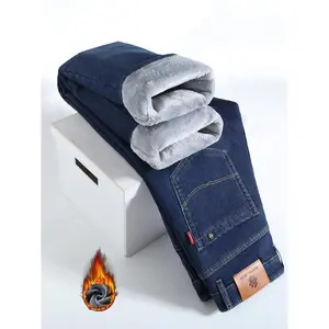 Men'sThickenedWinterFleeceJeans,LooseStraightLegHighWaistCasualElasticPants,WarmLongDenimTrousersforFall&Winter（gift）