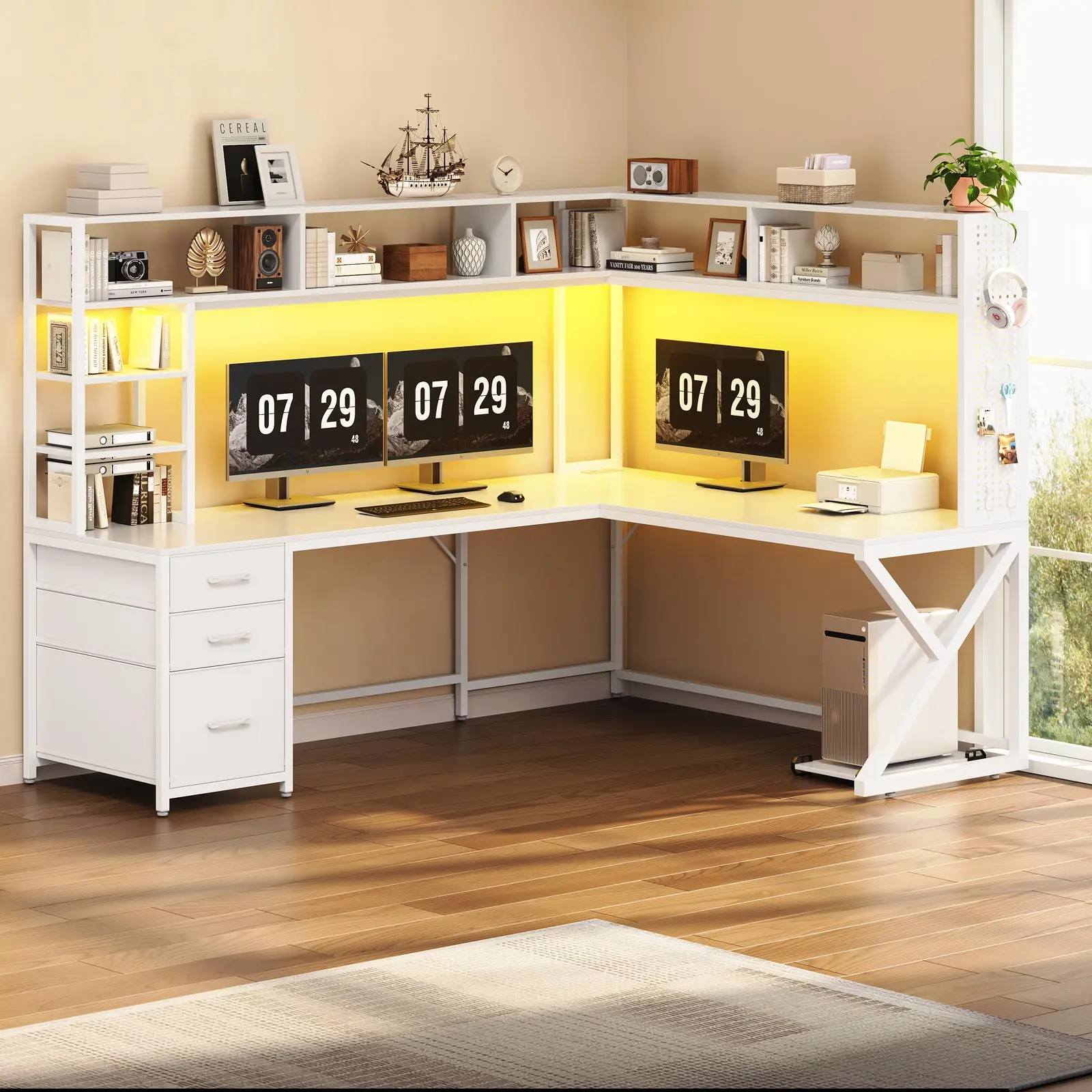 Sedeta 94.5" L-Shaped Convertible Corner Home Office Workstation - Convertible to 94.5" Straight Desk, Durable Tech-Integrated Multi-Purpose Desk with Storage Shelves, Hutch, Drawers, Power Outlet, LED Lights, Pegboard, Monitor Stand