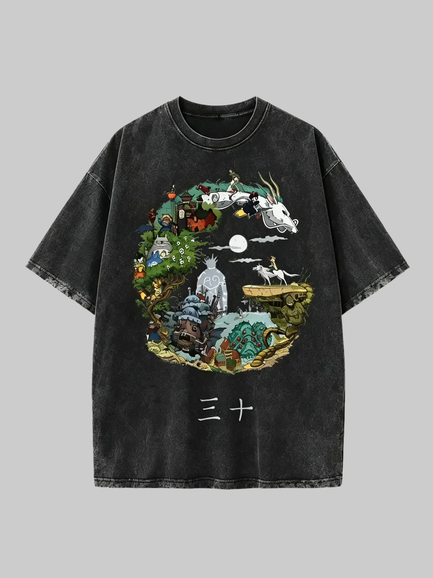 Vintage Acid Wash Studio Ghibli 30th Anniversary Graphic T Shirt Men Oversized Streetwear Retro Distressed Washed Anime Manga Spirited Away Totoro Big Print Short Sleeve Y2K Hip Hop Anime Merch Top