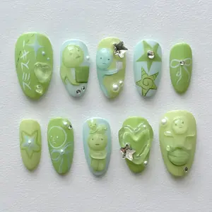 Kawaii Smiski Press On Nail, Smiski and Dessert Nail Art, Fun and Playful Acrylic Nails, Kawaii Cute Nail Art, Cozy Nails, Smiski Nails