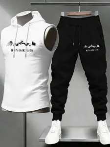 Men's 2-Piece Set Weightlifting Graphic Print Hooded Sleeveless Vest + Casual Waist Drawstring Pants, Outdoor Sports Daily Wear, Streetwear Tracksuit Set, Sports Clothing Set