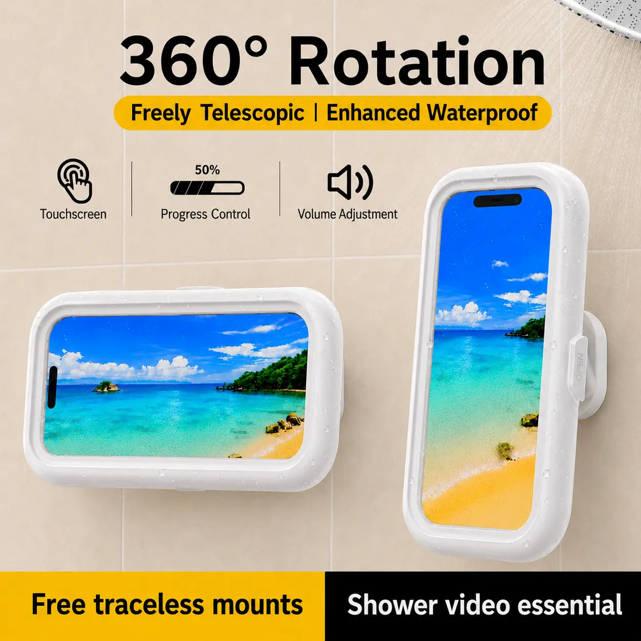 [summerwins] Waterproof phone stand for showers and bathrooms—360° smooth rotation, anti-fog protective case, responsive full HD touchscreen, includes 4 tool-free adhesive wall mounts, compatible with 4- to 7-inch smartphones