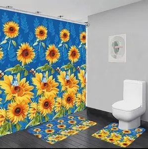Blue Sunflower Print Bathroom Decor Set, 1 Set Including Shower Curtain, Toilet U-Shaped Mat & Rectangular Mat, Bathroom Accessories