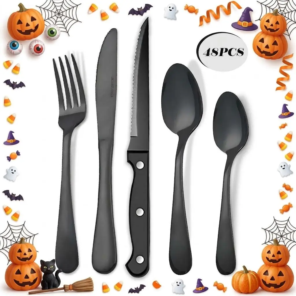 Modern Stainless Steel Cutlery 24/48 Casual Set - Everyday Forks, Knives, Spoons, Steak Knives, Sturdy Grip, Dishwasher-Safe Tableware for Home Dining, Family Gathering, Wedding Party Gift, Halloween