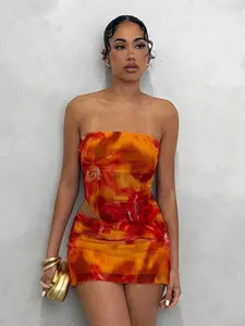 Glamine Floral Print Asymmetric Hem Sexy Crop Top + Floral Print Mini Skirt 2 Pieces Set
